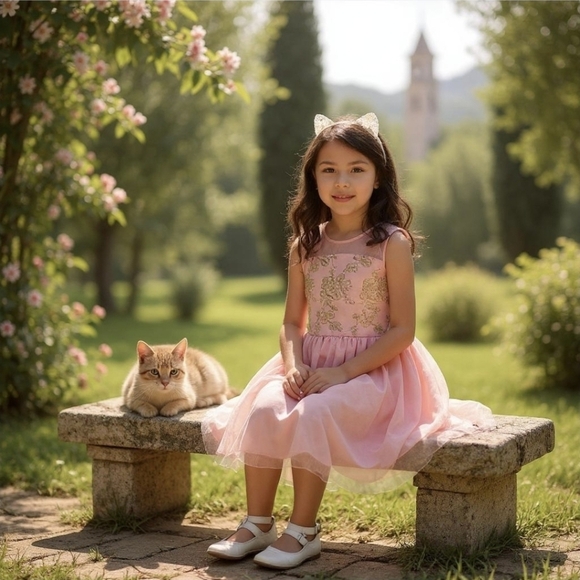 The Children’s Place ✦ Pink Satin Party Dress ✦ Gold Embroidery Tulle Skirt 10 - Picture 3 of 8